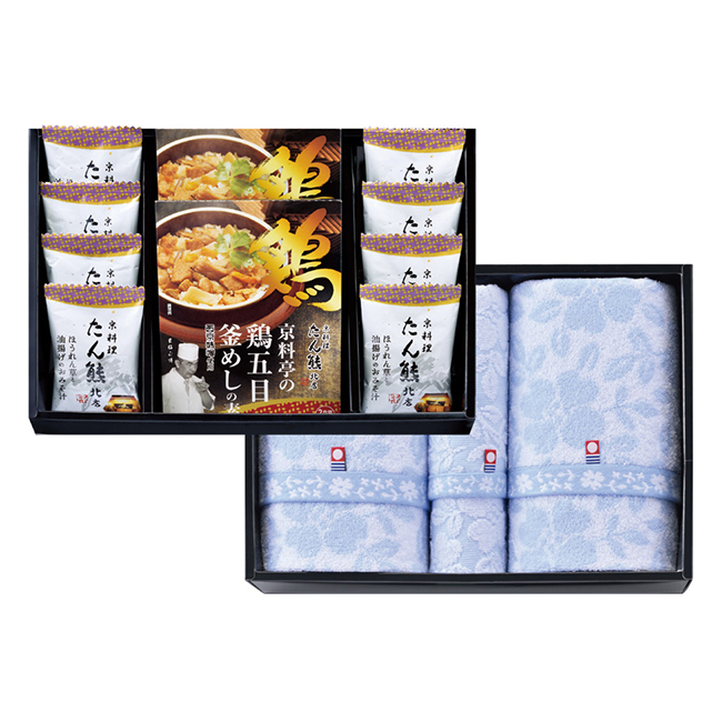 コンビネーションギフト　たん熊北店　鶏釜めしの素・フリーズドライ＆はなみずき　今治タオルセット　No.100　割引き商品