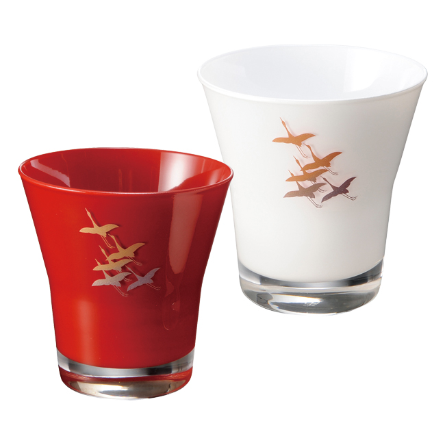 ぬりもんde Verre フリーグラス紅白ペア 蒔絵 千羽鶴 No.40